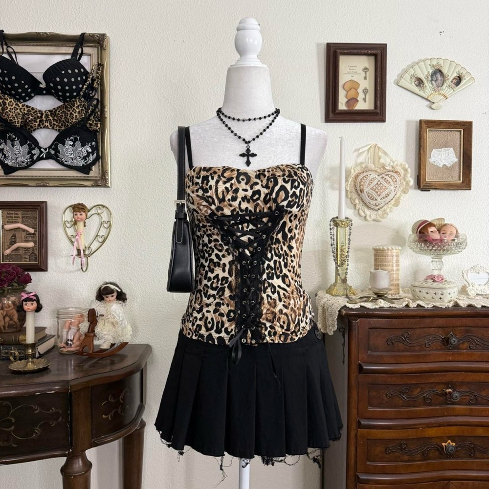 y2k‎ rockstar gf grunge cheetah print corset bustier top w lace trim